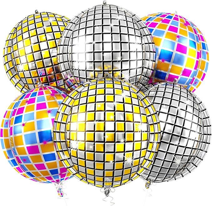 6 Pcs 22 Inch Gold Silver Purple Disco Ball Balloons 4D Party Decorations