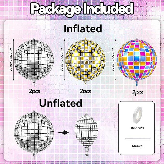 6 Pcs 22 Inch Gold Silver Purple Disco Ball Balloons 4D Party Decorations