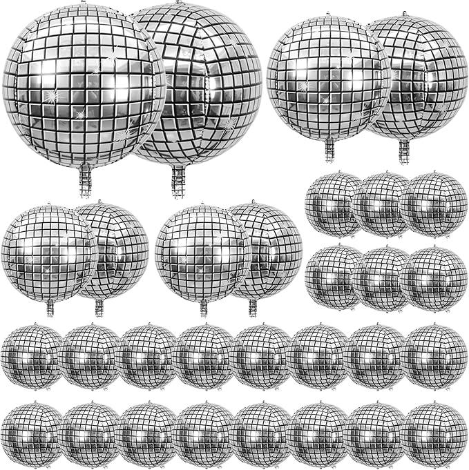 30 Metallic Silver Disco Ball Balloons - 70s Party Decorations