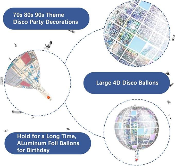 Iridescent Disco Ball Balloons 7 Pcs with Star Balloons Cake Topper Party Decorations 70s