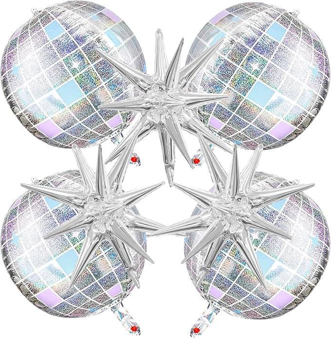 Iridescent Disco Ball Balloons 7 Pcs with Star Balloons Cake Topper Party Decorations 70s