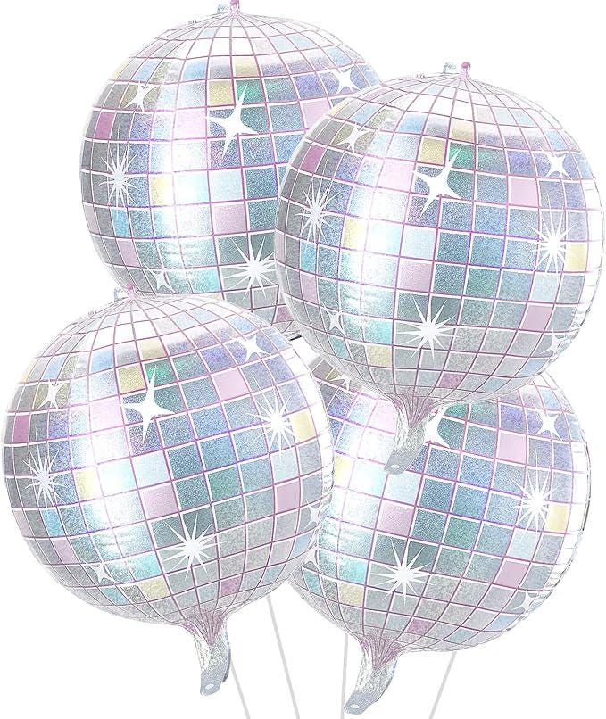 4 Pcs Iridescent Disco Ball Balloons Huge Silver Foil Party Decorations 70s 90s