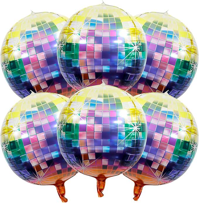 Rainbow Disco Ball Balloons, 4D Metallic Party Decorations (6 Pcs)