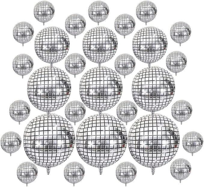 Disco Ball Balloons 30 PCS Silver 4D Mylar 10 to 32 Inch Party Decorations