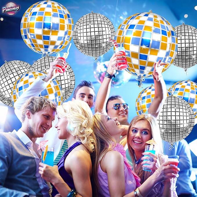 6pcs 22 Inch Silver Disco Ball Balloons Blue and Orange Foil Party Decorations