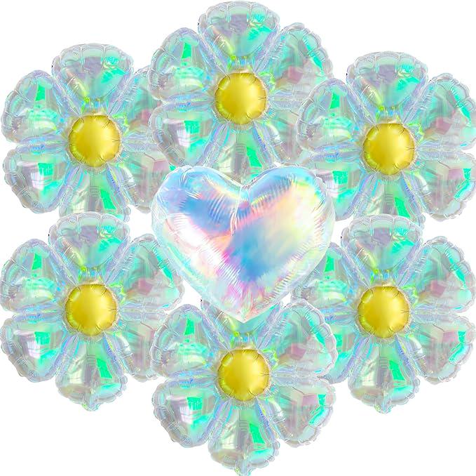 7 Pcs Iridescent Daisy and Heart Balloons Holographic Party Decorations