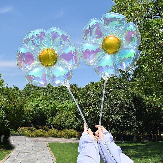 7 Pcs Iridescent Daisy and Heart Balloons Holographic Party Decorations