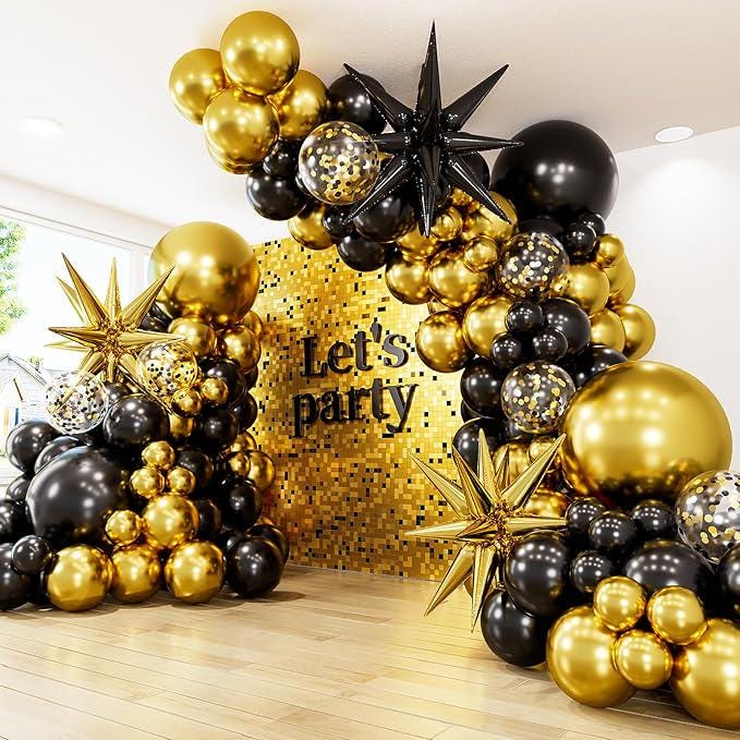 130 Pcs Black Gold Balloon Arch Garland Kit Confetti Star Foil Balloons Party Decor