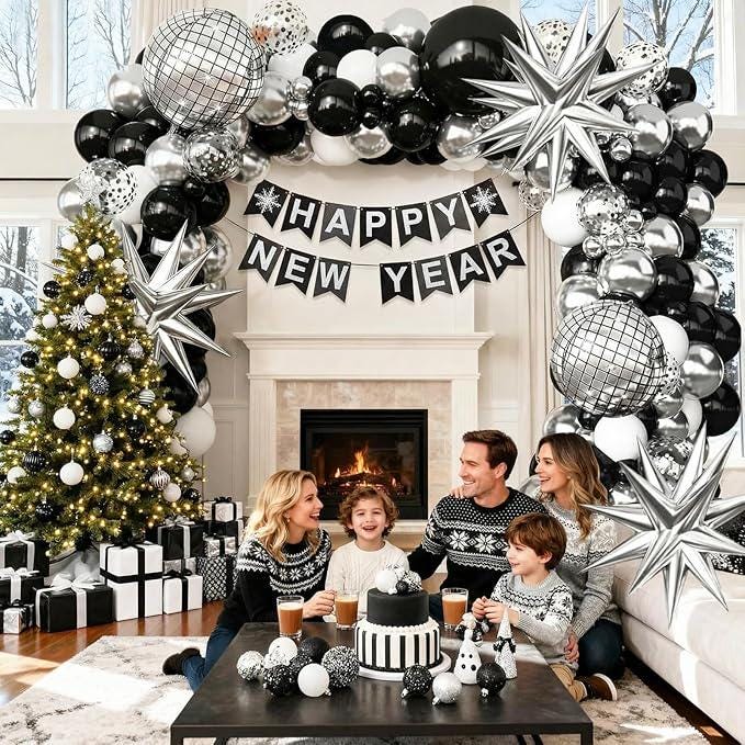Black Silver White Balloon Garland Arch Kit Disco Balloons Party Decorations