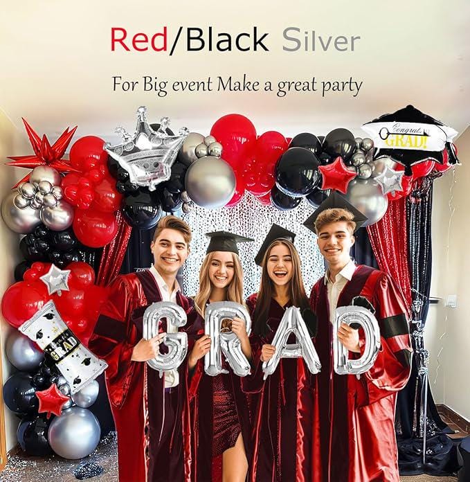 Black Red Silver Balloon Garland Arch Kit 130 Pcs with Star and Grad Mylar Balloons 2025