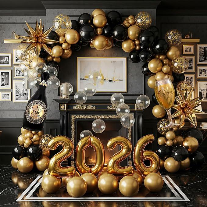 Happy New Year Eve Balloon Garland Arch Kit Black Gold with Foil Balloons 2026