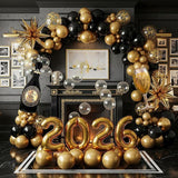 Happy New Year Eve Balloon Garland Arch Kit Black Gold with Foil Balloons 2026