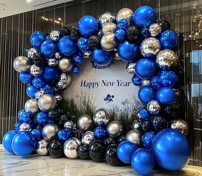Black Blue Balloon Garland Double Stuffed Navy Royal Silver Foil Arch Kit for Party