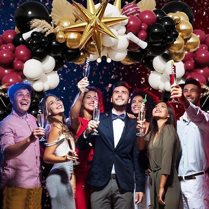 Burgundy Balloon Arch Garland Kit with Maroon Gold White Black Star Foil Balloons for Party