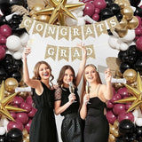 Burgundy Balloon Arch Garland Kit with Maroon Gold White Black Star Foil Balloons for Party