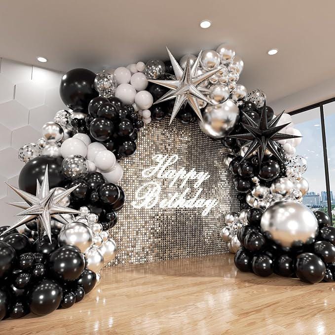 Black Silver White Balloon Arch Kit 140pcs Star Balloons for Birthday Anniversary Party
