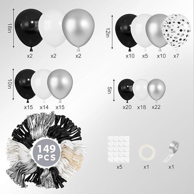 149pcs Black Silver White Balloon Arch Kit with Confetti Balloons for Party Decorations