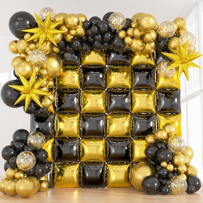 36pcs Black Gold Foil Balloons Wall with 138 Confetti Balloon Arch Kit for Party Decorations
