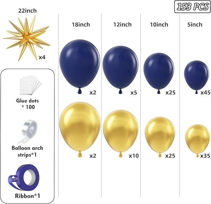 Navy Blue Balloon Arch Kit 153pcs Stars Metallic Gold Balloons for Birthday Graduation Party Decorations