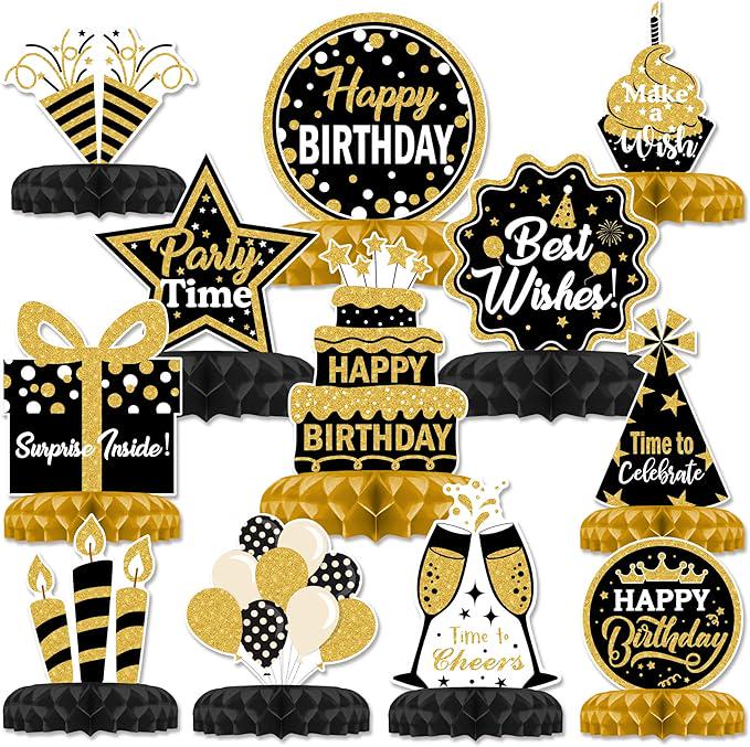 12 Pieces Black and Gold Birthday Table Decorations Honeycomb Centerpieces