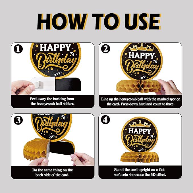12 Pieces Black and Gold Birthday Table Decorations Honeycomb Centerpieces