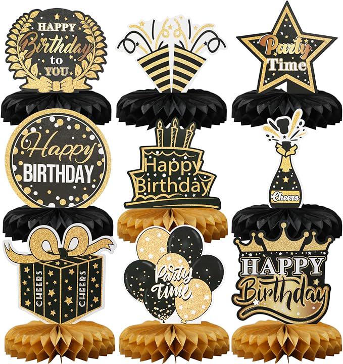 9 Pieces Black and Gold Birthday Table Centerpieces Honeycomb Decorations