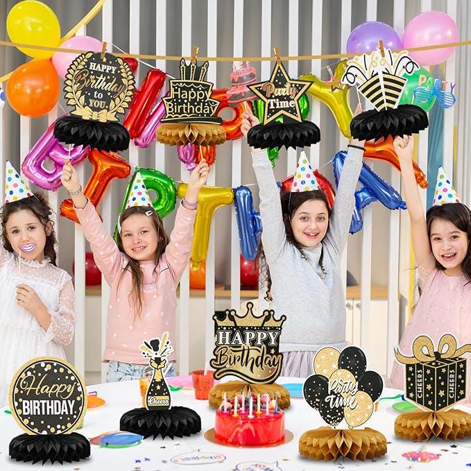 9 Pieces Black and Gold Birthday Table Centerpieces Honeycomb Decorations