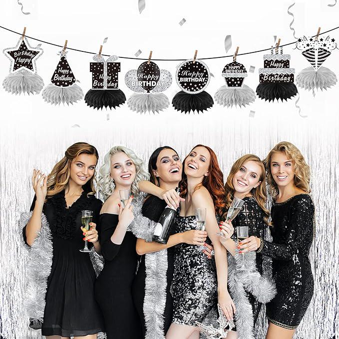8 Pieces Black White and Silver Birthday Table Centerpieces Honeycomb Decorations