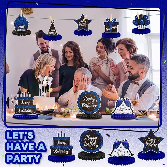 8 Pieces Blue and Black Birthday Table Centerpieces Honeycomb Decorations