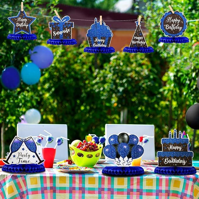 8 Pieces Blue and Black Birthday Table Centerpieces Honeycomb Decorations