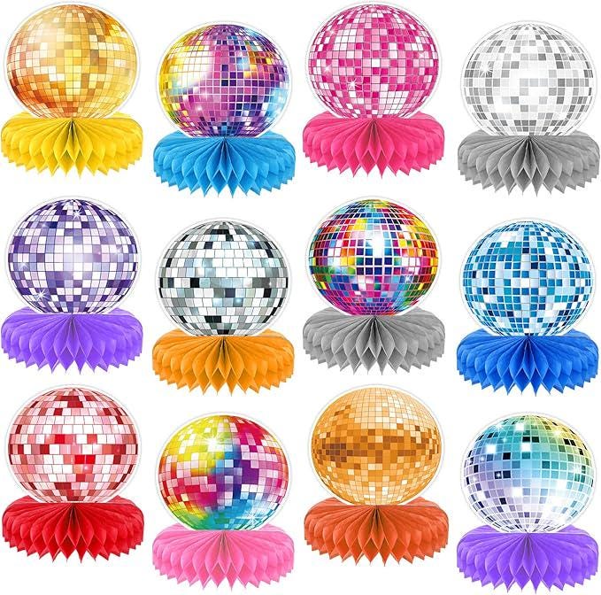 12 Pieces Disco Ball Table Centerpieces Honeycomb Party Decorations for 70s 80s Theme
