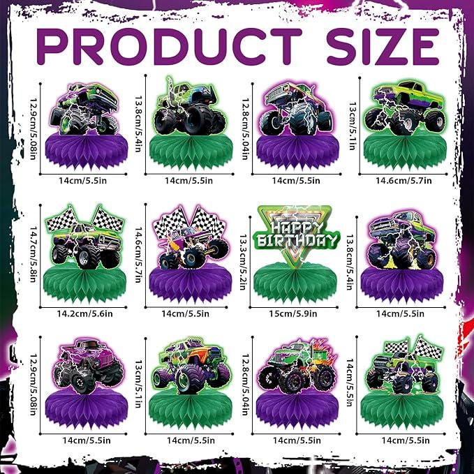 12 Pieces Green and Purple Monster Truck Table Centerpieces Honeycomb Party Decorations for Kids