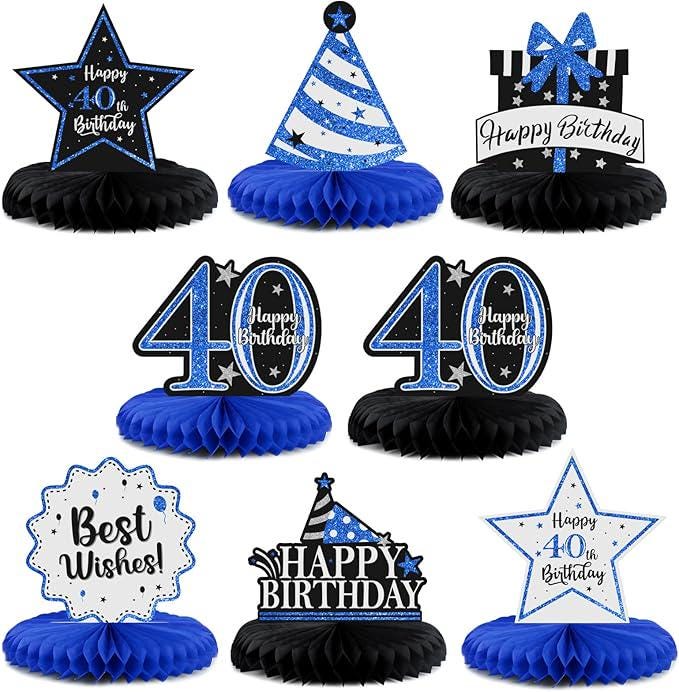 40th Birthday Blue Glitter Table Centerpieces Honeycomb Party Decorations