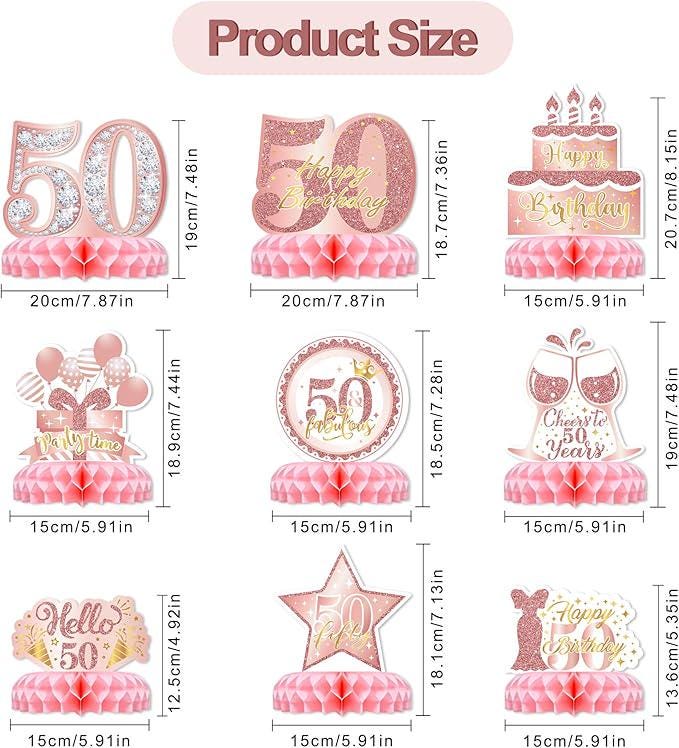 50th Birthday Pink Rose Gold Table Centerpieces 9 Pieces Honeycomb Party Decorations