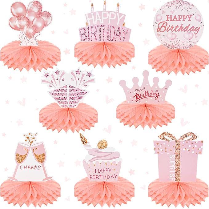 8 Pieces Pink Rose Gold Birthday Table Centerpieces Honeycomb Party Decorations
