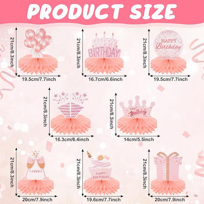 8 Pieces Pink Rose Gold Birthday Table Centerpieces Honeycomb Party Decorations