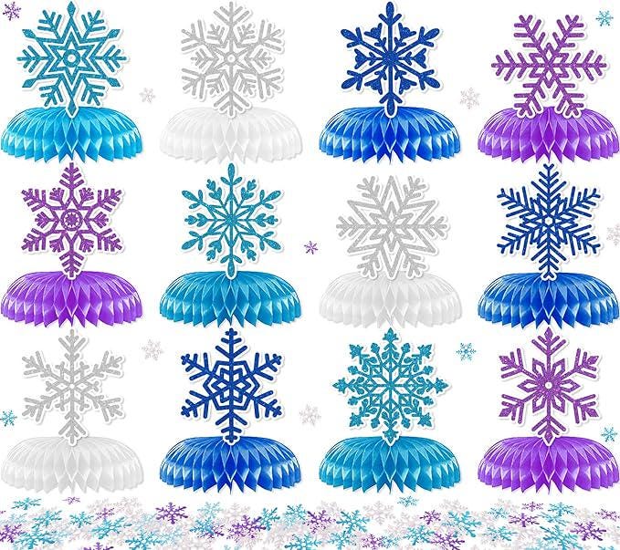 Winter Wonderland Party Honeycomb Centerpieces Blue Purple Snowflake Decor