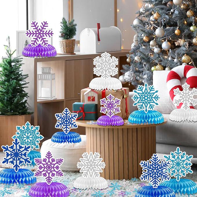 Winter Wonderland Party Honeycomb Centerpieces Blue Purple Snowflake Decor