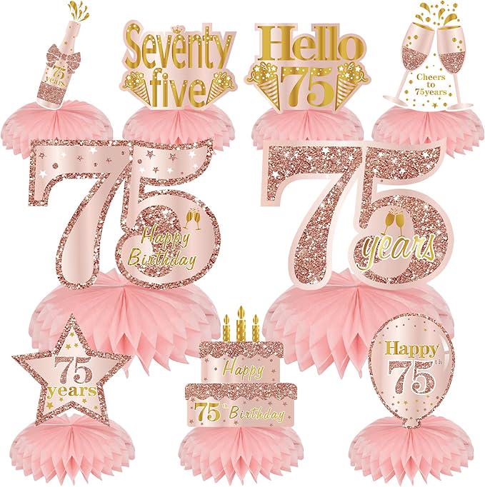 Pink Rose Gold 75th Birthday Honeycomb Centerpieces Table Decorations for Women