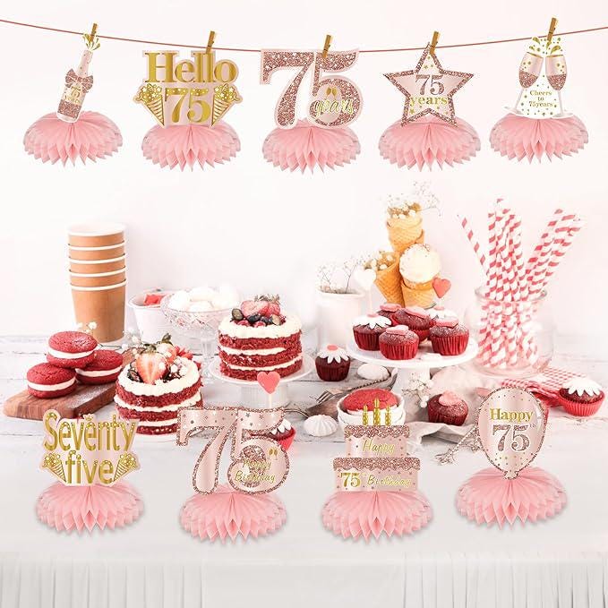 Pink Rose Gold 75th Birthday Honeycomb Centerpieces Table Decorations for Women