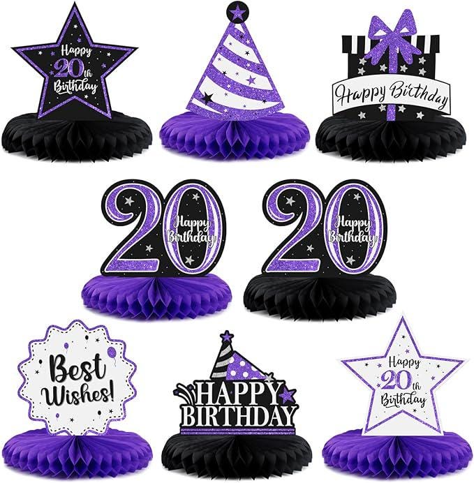 Happy 20th Birthday Purple Glitter Honeycomb Table Centerpieces Photo Prop