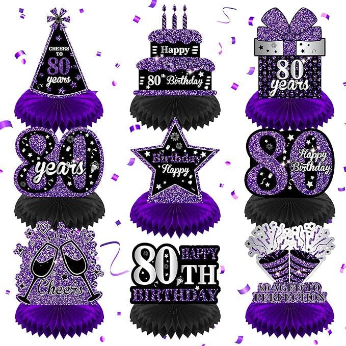 Purple Black 80th Birthday Honeycomb Table Centerpieces Decorations for All