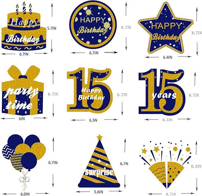 Happy 15th Birthday Blue Gold Honeycomb Table Centerpieces Decorations for Boys