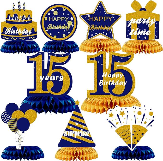 Happy 15th Birthday Blue Gold Honeycomb Table Centerpieces Decorations for Boys