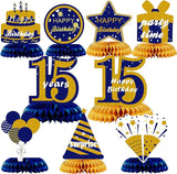 Happy 15th Birthday Blue Gold Honeycomb Table Centerpieces Decorations for Boys