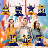Happy 15th Birthday Blue Gold Honeycomb Table Centerpieces Decorations for Boys