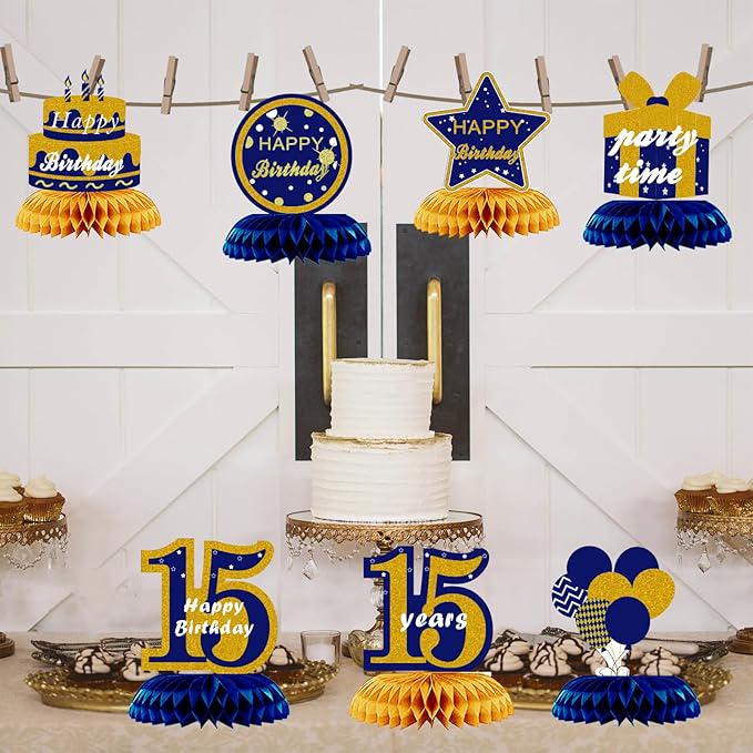 Happy 15th Birthday Blue Gold Honeycomb Table Centerpieces Decorations for Boys