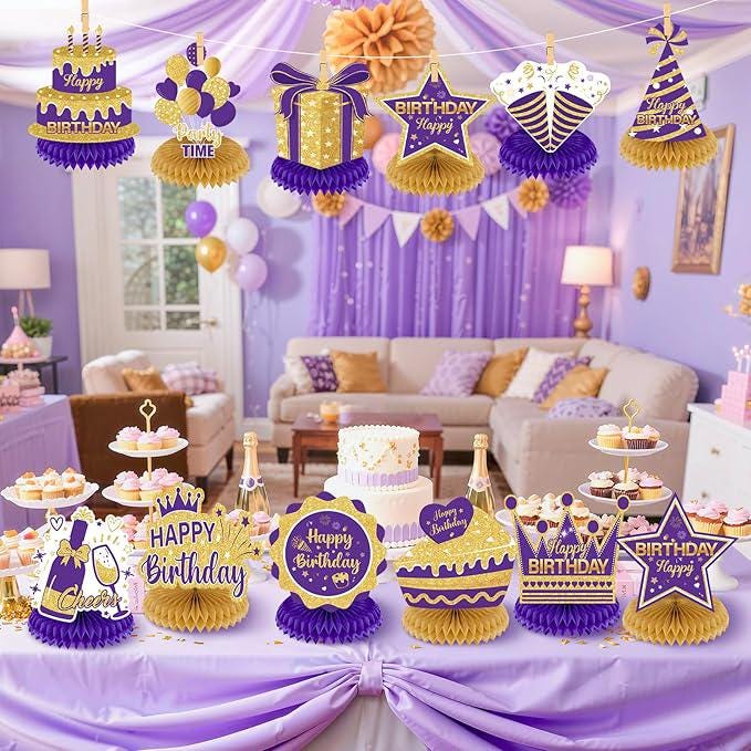 Purple Gold Birthday Honeycomb Table Centerpieces Decorations for Women and Girls