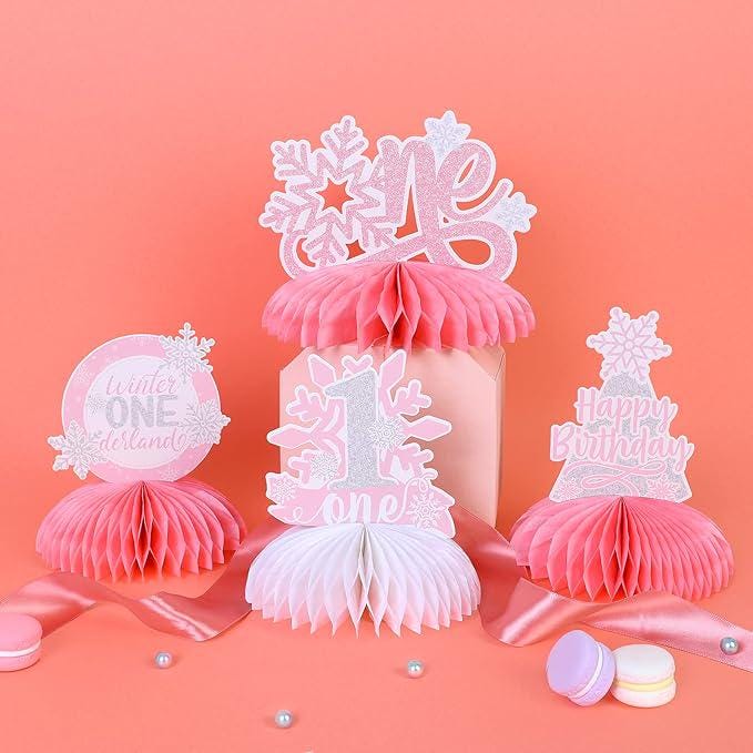 Snowflake Honeycomb Table Centerpieces Pink Winter Onederland First Birthday Decorations for Girls