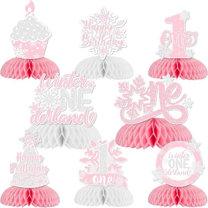 Snowflake Honeycomb Table Centerpieces Pink Winter Onederland First Birthday Decorations for Girls